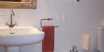 Parte del baño lavabo con espejo de marco dorado